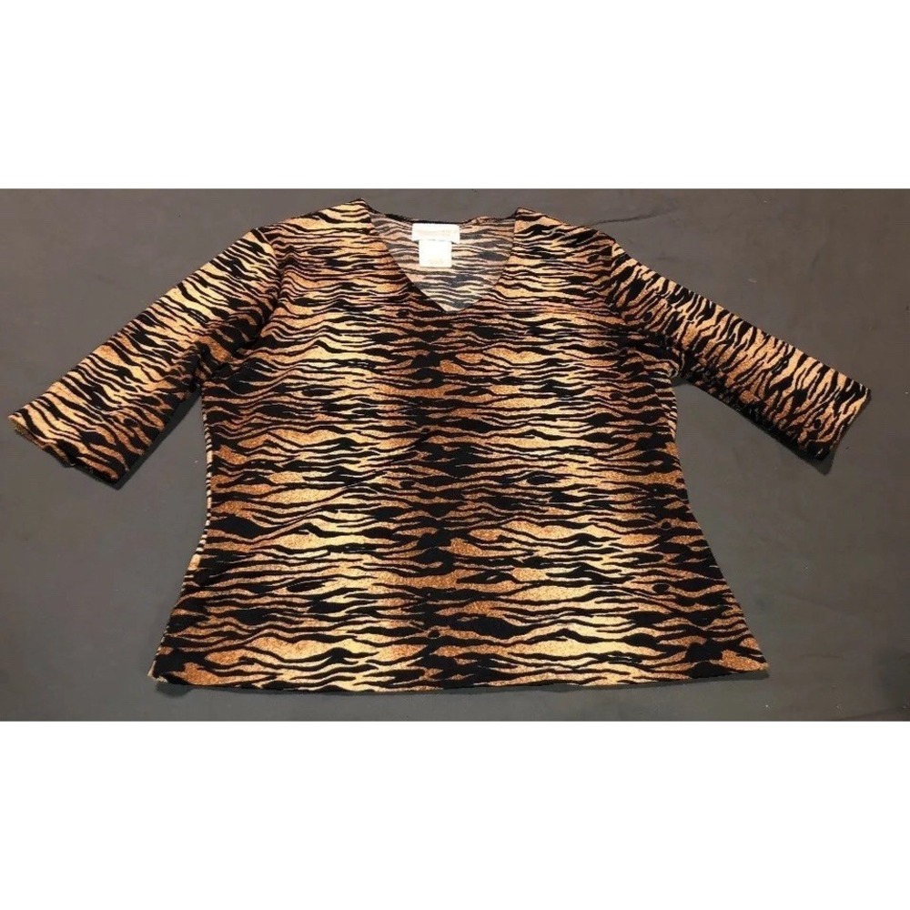 Womens Sz Medium Christie and Jill 3/4 Sleeve Animal Print Leopard Black Beige V